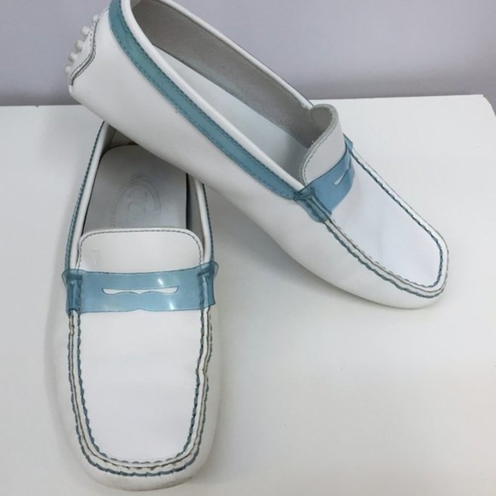 Tod's White and Blue Gommino Driving‎ Loafers 5 1/2